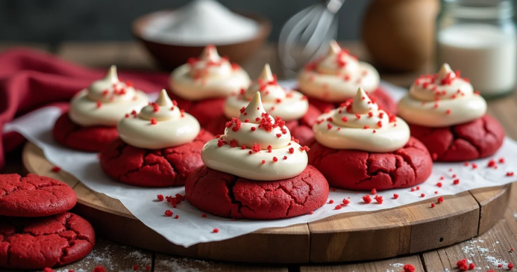 Freshly baked Crumbl-inspired red velvet cookies topped with creamy white frosting and red velvet crumbs, arranged on a rustic wooden table with baking tools in the background.
