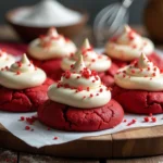 Freshly baked Crumbl-inspired red velvet cookies topped with creamy white frosting and red velvet crumbs, arranged on a rustic wooden table with baking tools in the background.
