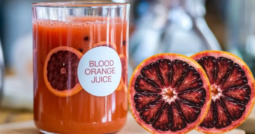 Fresh blood oranges being sliced, juiced, and strained step-by-step to create vibrant blood orange juice in a glass