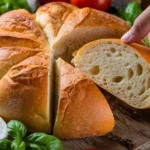 Golden loaf of panini bread sliced open to reveal its airy interior, surrounded by fresh basil, ripe tomatoes, mozzarella, and a hand reaching for a slice.