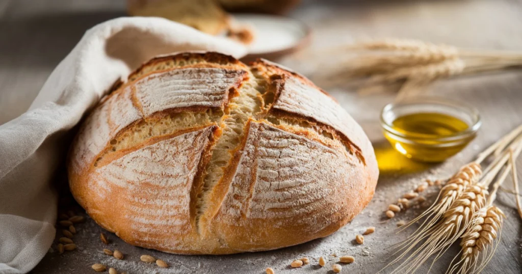 A golden-brown loaf of honey wheat bread on a wooden cutting board, partially sliced to show its soft interior. The setup includes a jar of honey, a small bowl of butter, and a rustic tablecloth in natural lighting