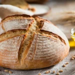 A golden-brown loaf of honey wheat bread on a wooden cutting board, partially sliced to show its soft interior. The setup includes a jar of honey, a small bowl of butter, and a rustic tablecloth in natural lighting